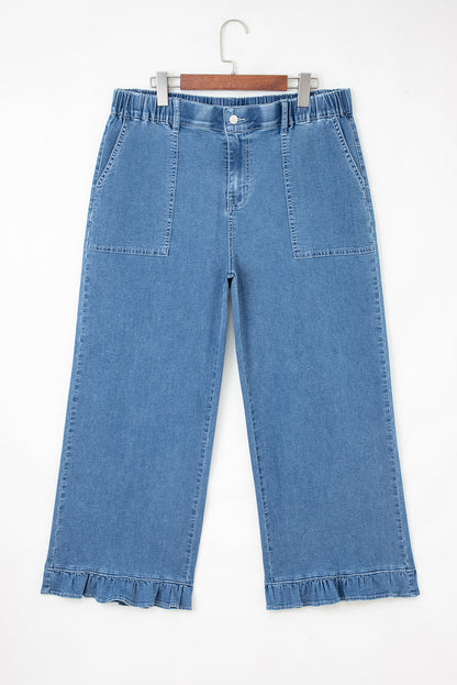 Plus Size Denim Elastic Waist Ruffle Wide Leg Pants