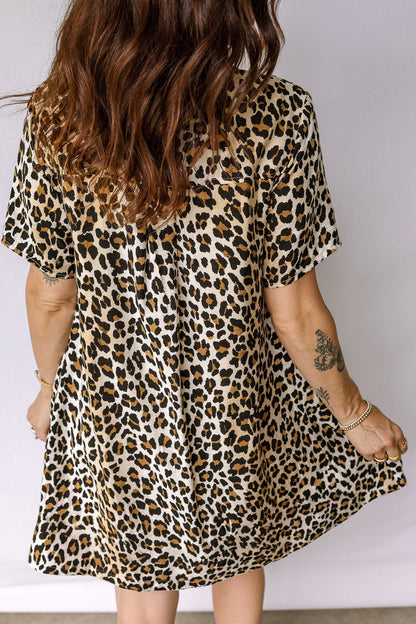 Leopard Half-Button Short Sleeve Loose Mini Dress