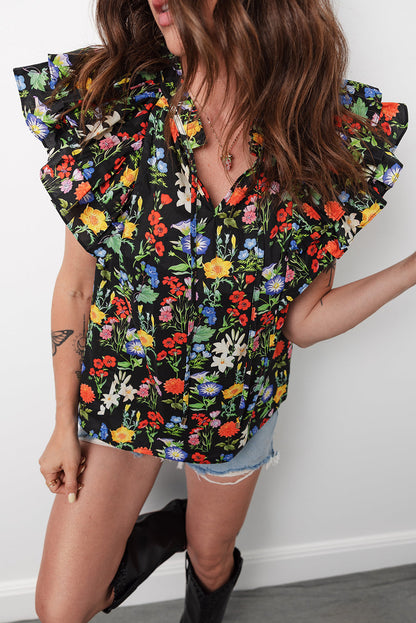 Tiered Flutter Sleeve V-Neck Flower Blouse