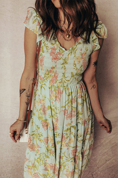 Floral Smocked Bodice Ruffled Maxi Dress