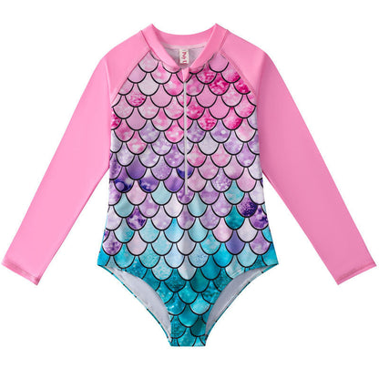 Children's Mermaid Scale One-Piece Swimsuit with Long Sleeves