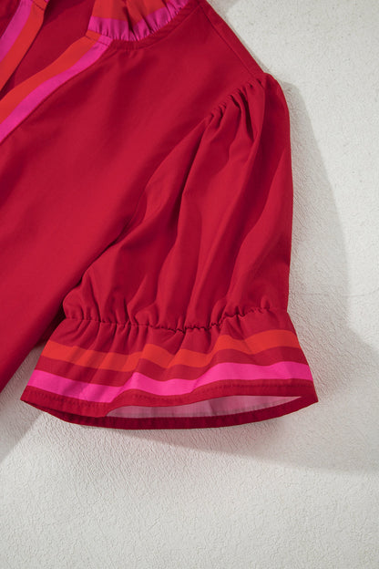 Stripe Frill Collar Ruffle Short Sleeve Blouse