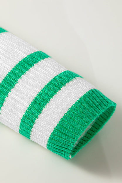 Stripe Scalloped Scoop Neck Ribbed Knit Sweater