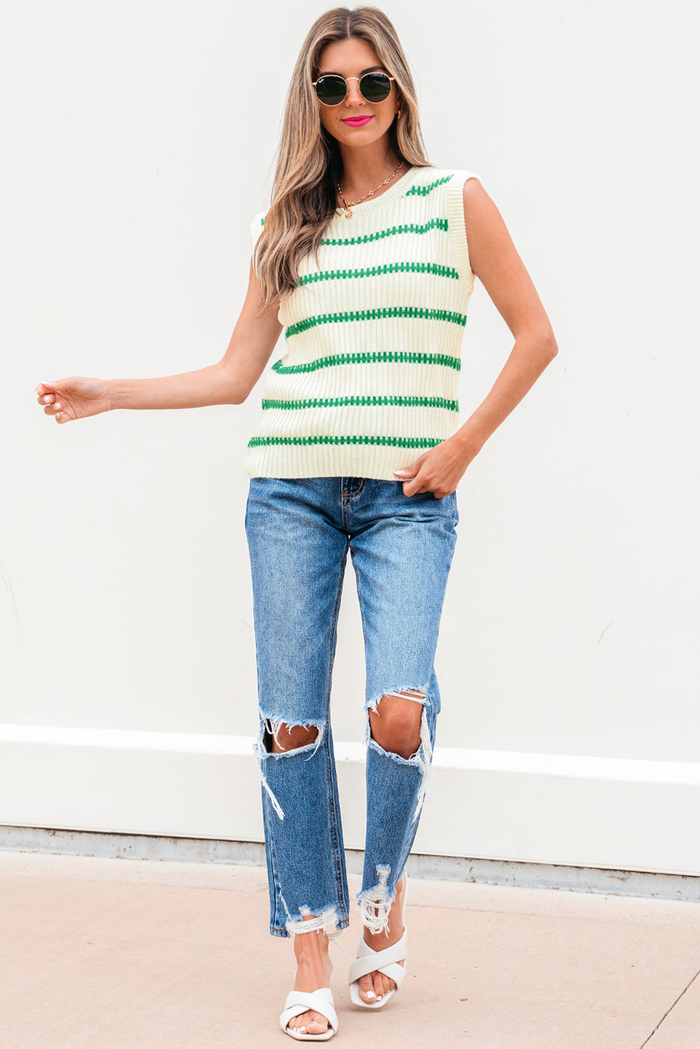 Striped Round Neck Casual Sweater Vest