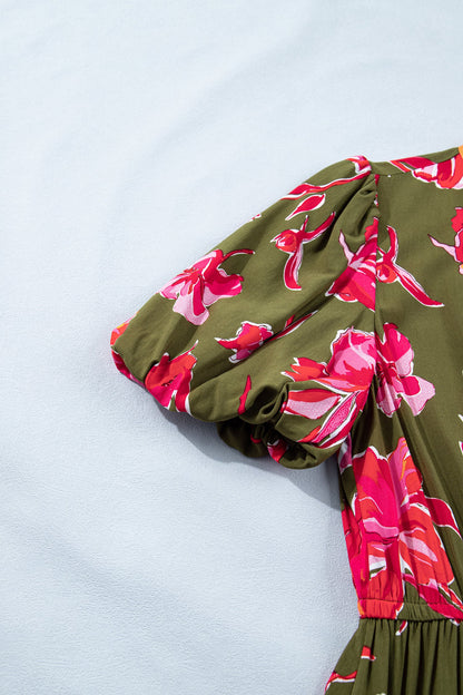 Floral Stripe Trim Puff Sleeve Split Maxi Dress