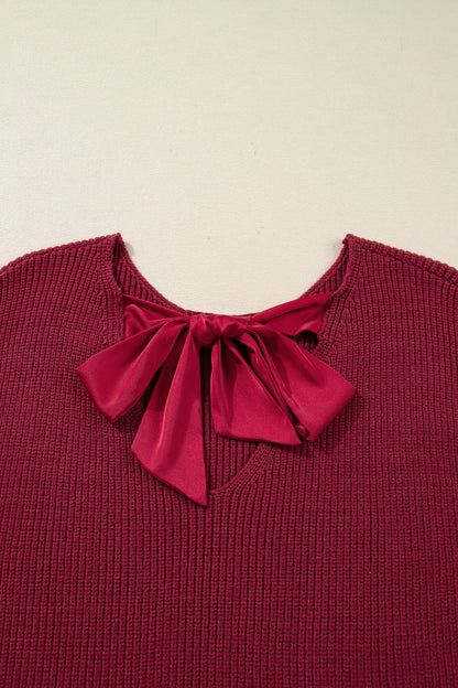 Ribbon Knot Backless Drop Shoulder Ribbed Sweater