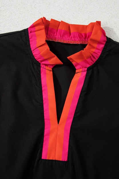 Stripe Trim Ruffle Split Neck Long Sleeve Blouse