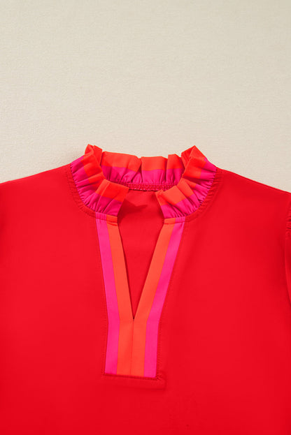 Stripe Trim Ruffle Split Neck Long Sleeve Blouse