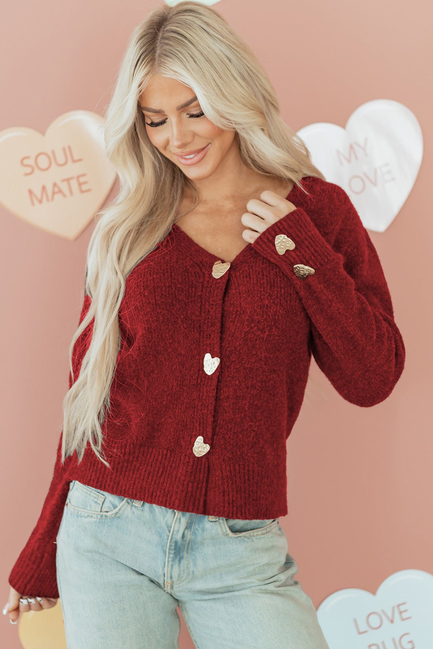 Heart Metal Button V-Neck Knit Cardigan