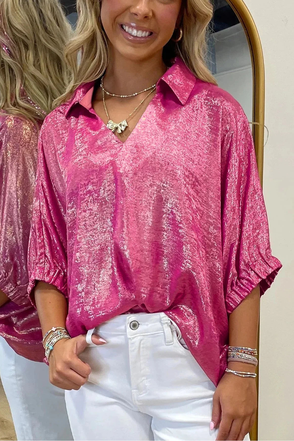Collar V-Neck Half Sleeve Metallic Top