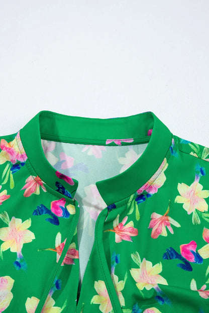 Floral Tassel Tie Split Neck Short Sleeve Blouse