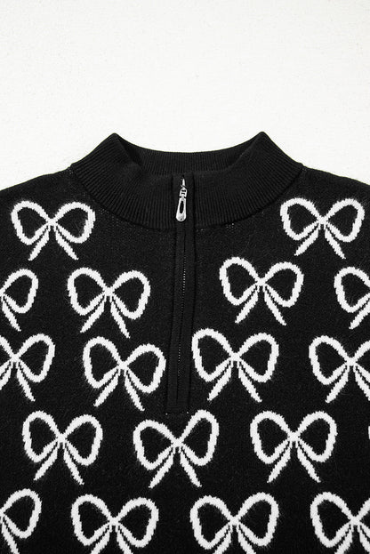 Bow Zipped Collar Drop Shoulder Sweater