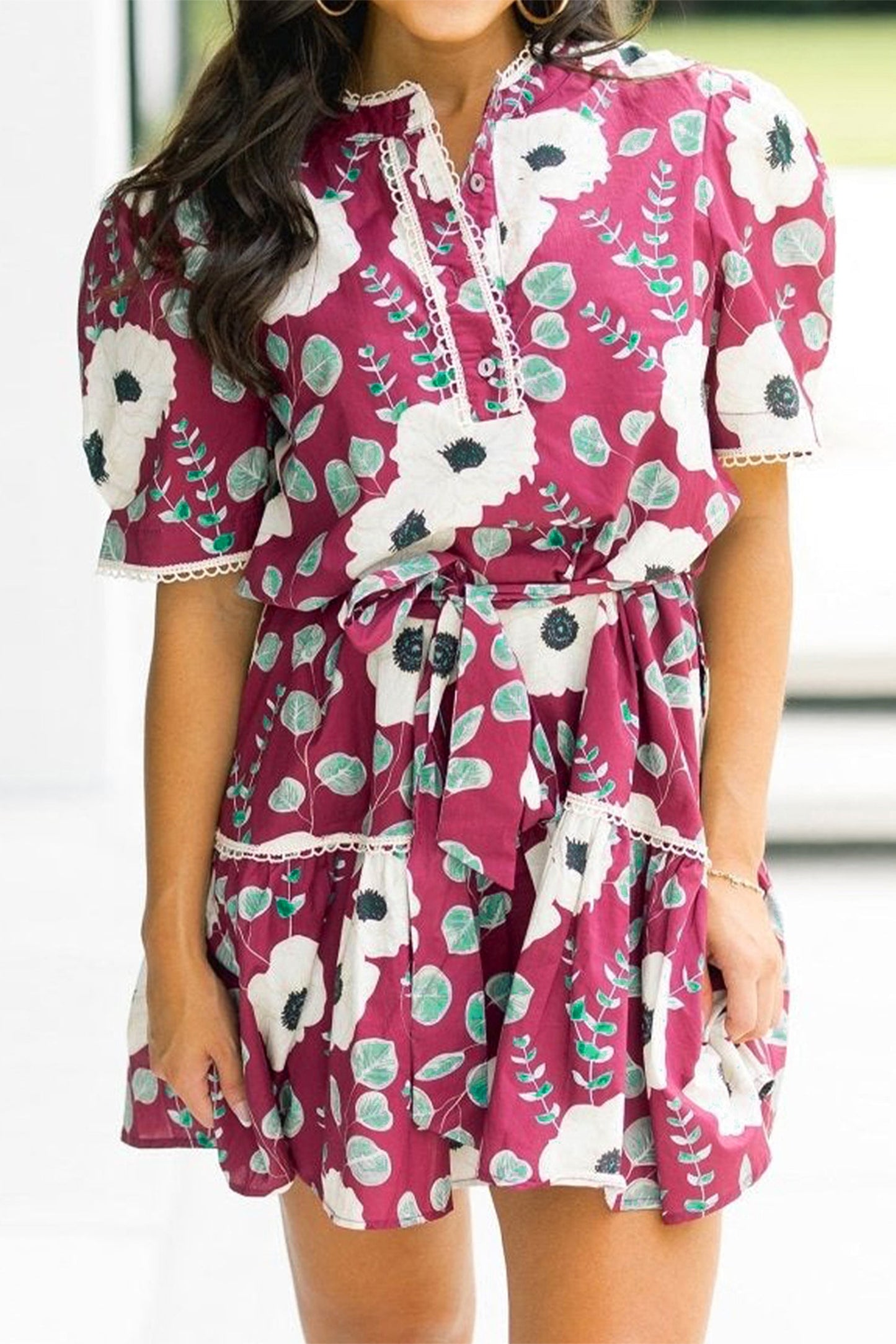 Floral Trim Short Puff-Sleeve Mini Dress with Belt