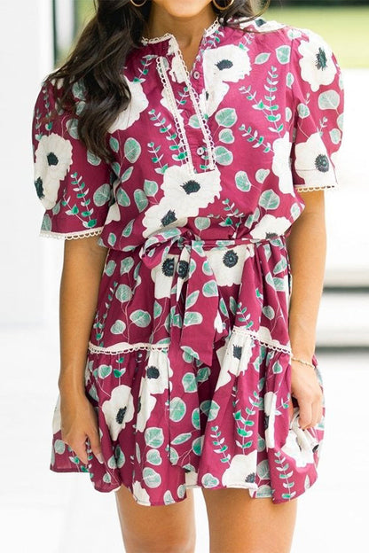 Floral Trim Short Puff-Sleeve Mini Dress with Belt
