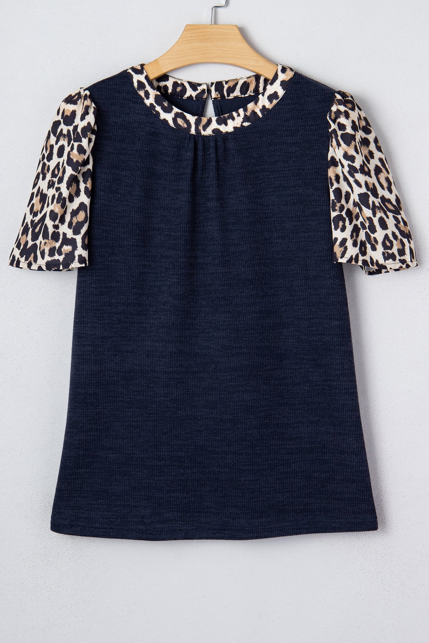 Rib Contrast Leopard Patchwork Short Sleeve Top