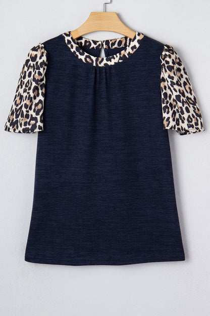 Rib Contrast Leopard Patchwork Short Sleeve Top