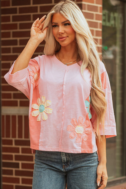 Flower Patch Exposed Seam Bracelet Sleeve T-Shirt