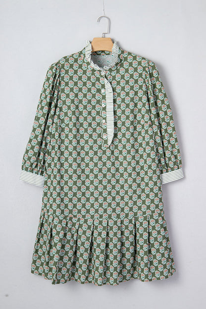 Plus Size 3/4 Sleeve Contrast Striped Floral Dress