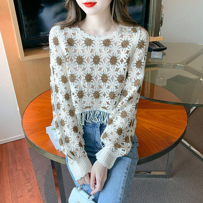 Geometric Pattern Long Sleeve Lace Pullover