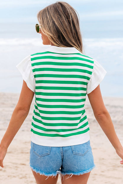 Stripe Collar V-Neck Ruffle Short Sleeve Blouse