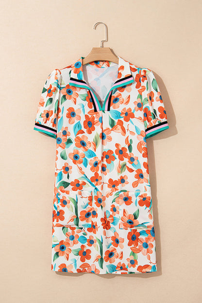 Floral Contrast Trim Split Neck Mini Dress