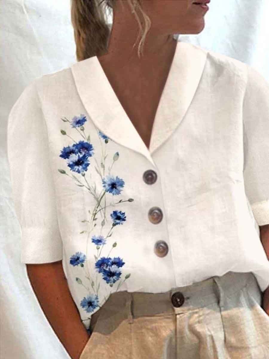 Women's Stand Collar Printed Cotton-Linen Shirt