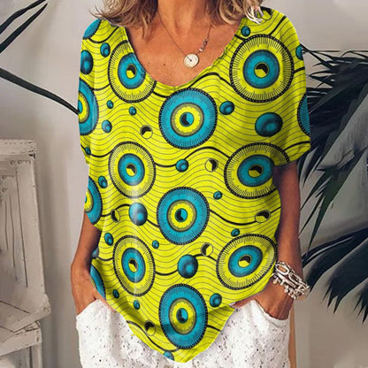 Cross-Border 3D Printed Loose V-Neck T-shirt for Women