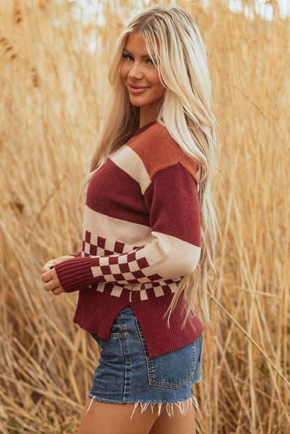 Checker Colorblock Knitted Drop Shoulder Sweater
