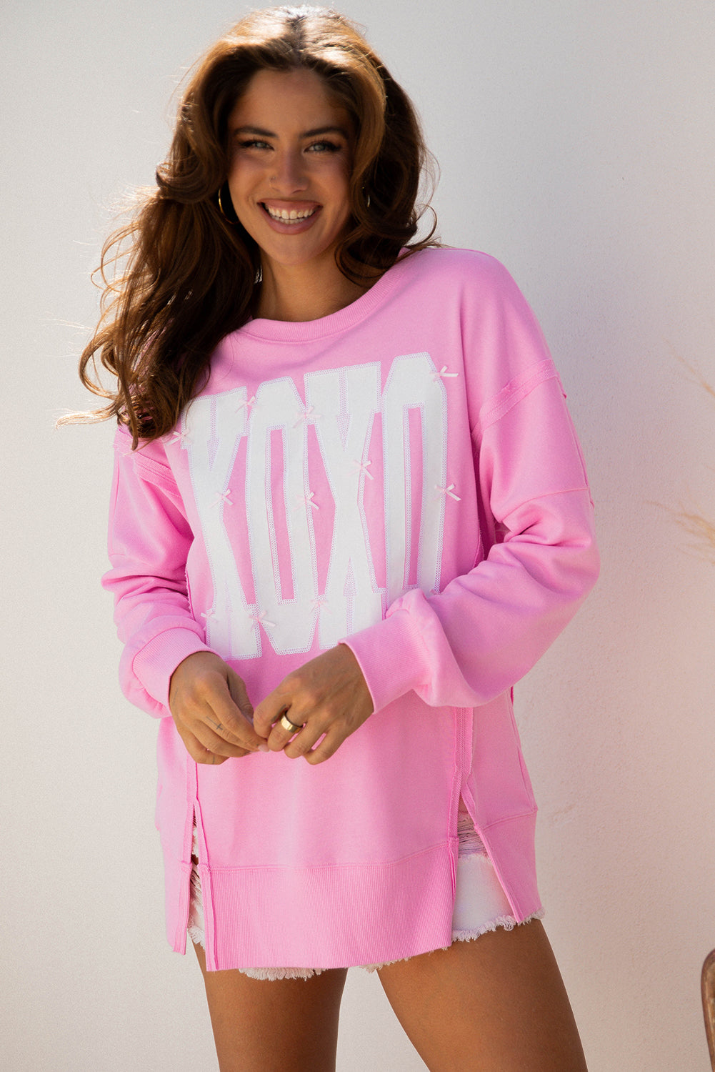Valentine XOXO Sequin Bow Exposed Seam Sweatshirt