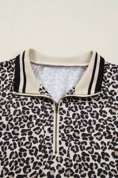 Leopard Zip Neck Stripe Webbing Patchwork Mini Dress