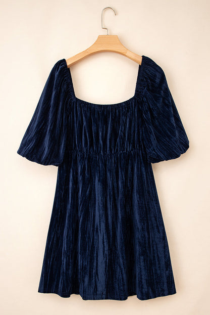 Plus Size Ruched Velvet Puff Sleeve Mini Dress