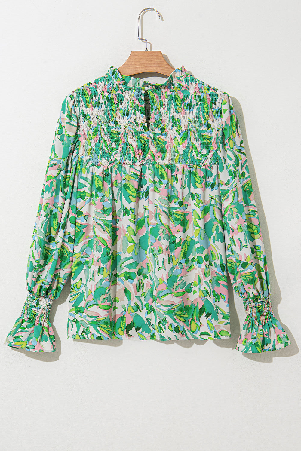 Leaf Flounce Sleeve Shirred Mock Neck Blouse