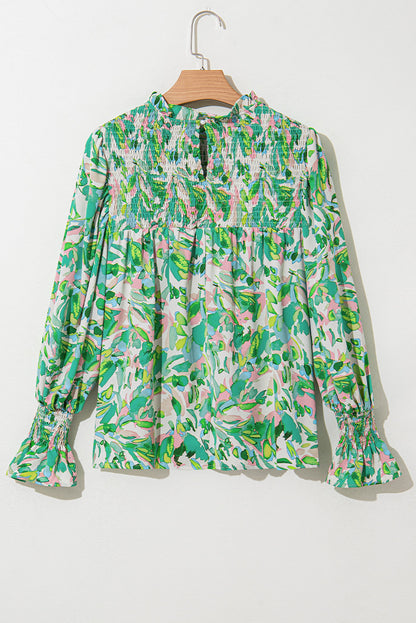 Leaf Flounce Sleeve Shirred Mock Neck Blouse