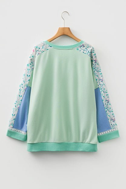 Plus Size Floral Patchwork Long Sleeve V-Neck Top
