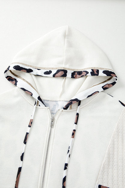 Leopard Waffle Knit Patchwork Zip Up Hoodie