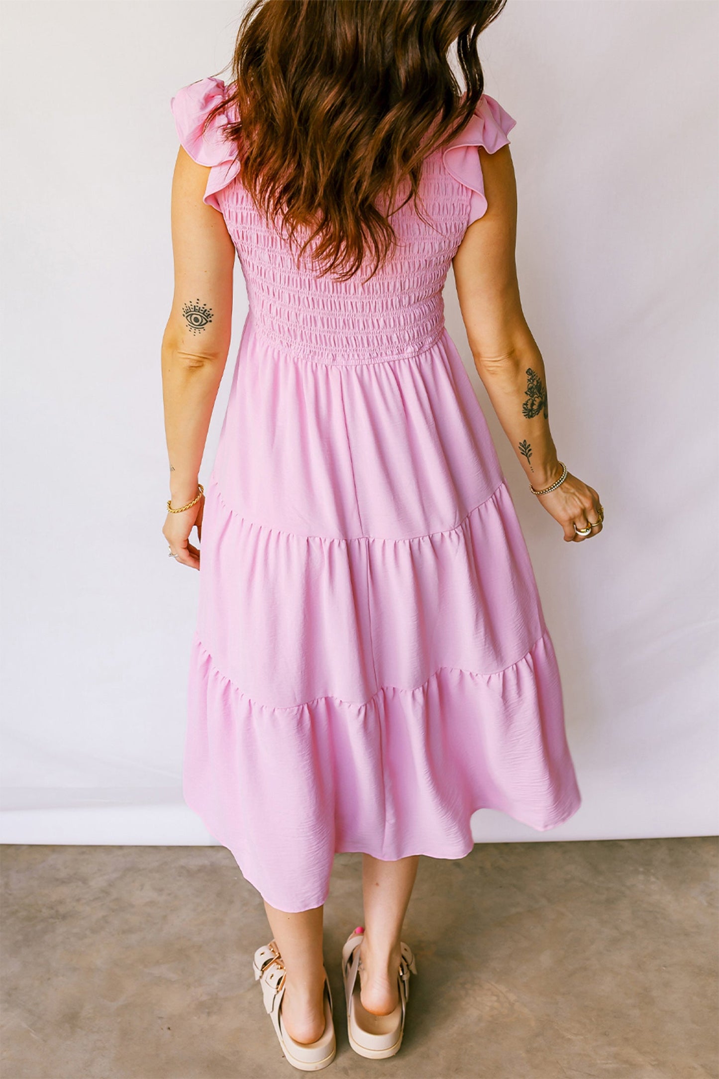 Smocked Bodice Flutter Sleeve Tiered Midi Dress