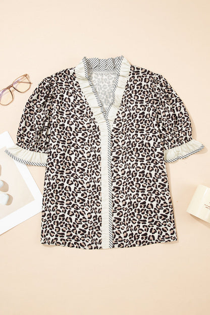 Leopard Stripe V-Neck Color Block Trim Blouse