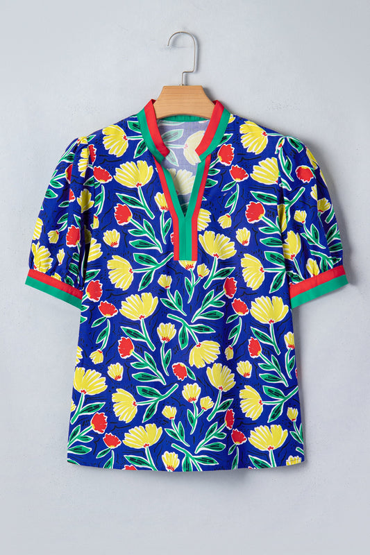 Floral Stripe Patchwork V-Neck Short Sleeve Blouse
