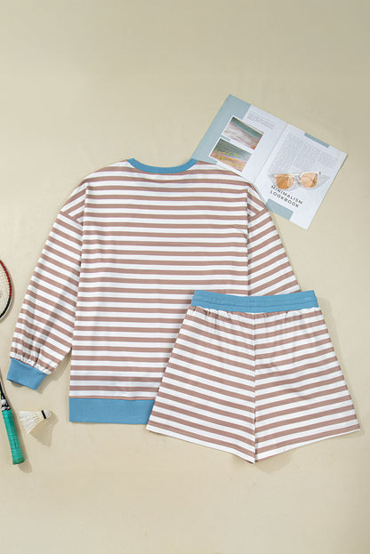 Plus Size Stripe Contrast Trim Pullover and Shorts Set