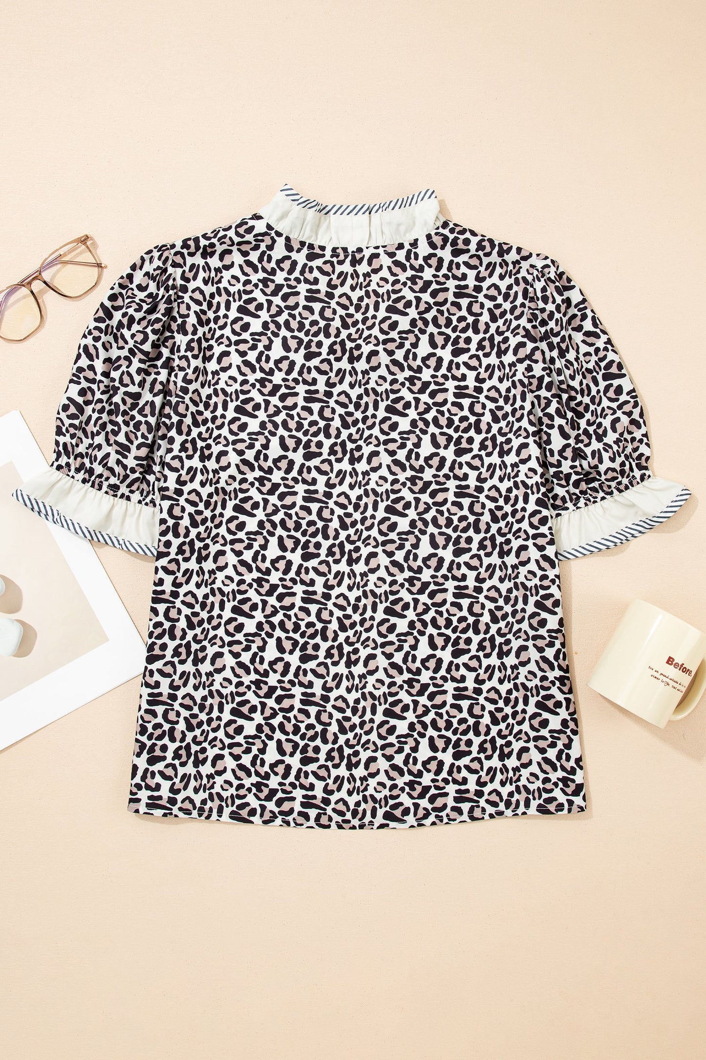 Leopard Stripe V-Neck Color Block Trim Blouse