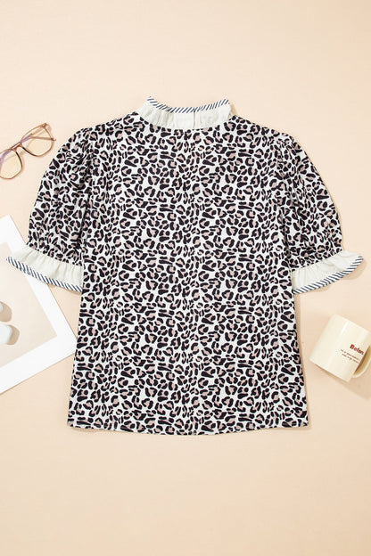 Leopard Stripe V-Neck Color Block Trim Blouse