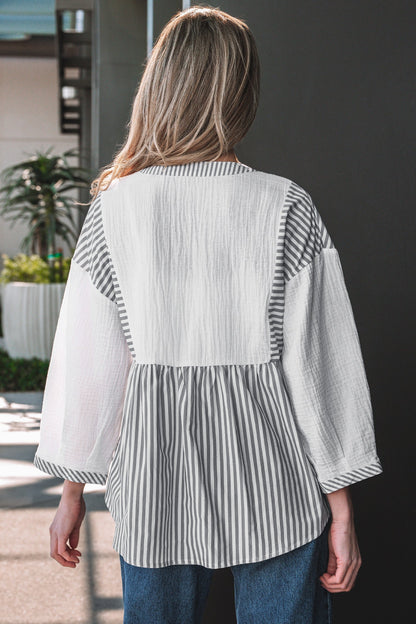 Stripe Half Button Gauze Patchwork Babydoll Blouse