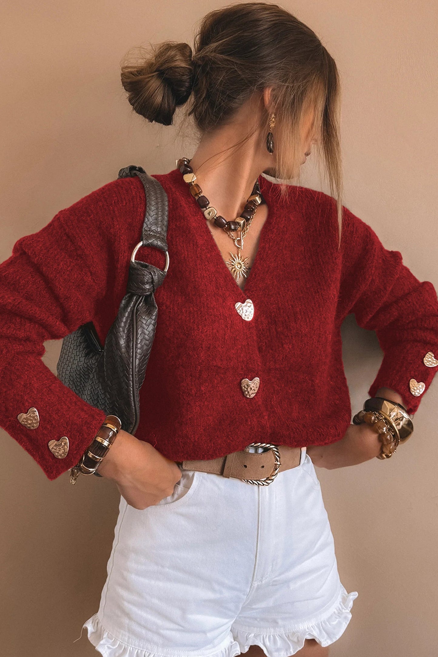 Heart Metal Button V-Neck Knit Cardigan