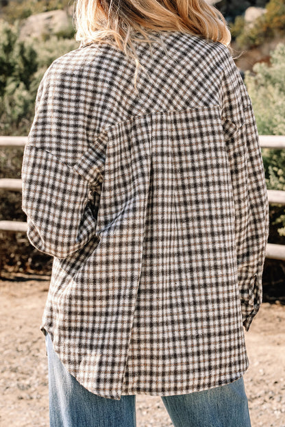 Plaid Corduroy Patchwork Pocketed Button-Up Shacket