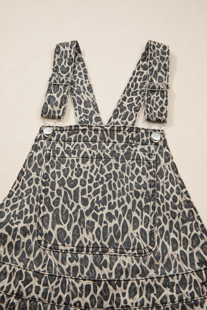 Leopard Straight Leg Loose Denim Overall Jumpsuit