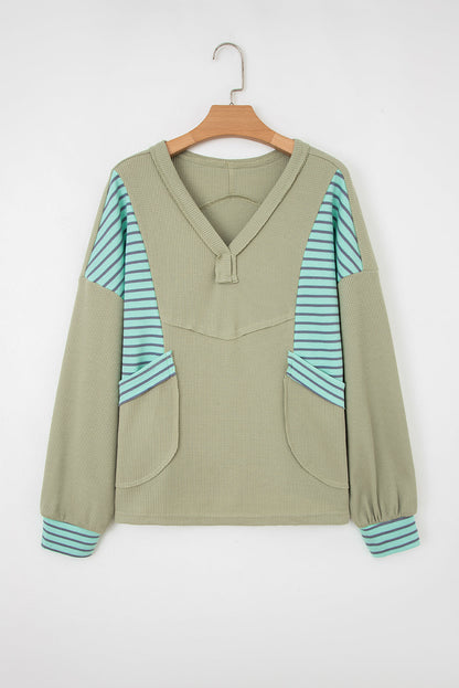 Stripe Patchwork Waffle Knit V-Neck Pullover