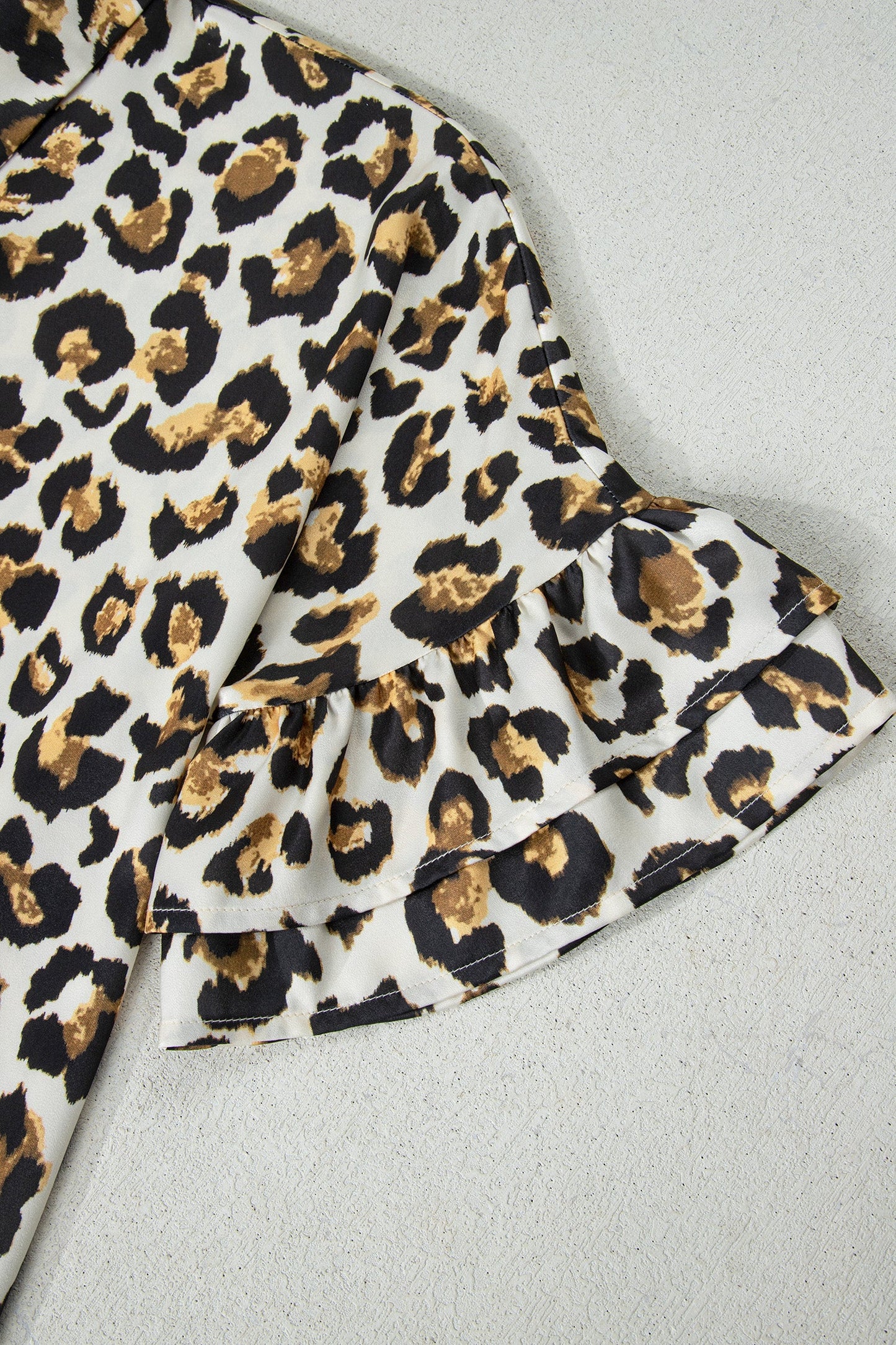 Leopard Ruffle Trim 3/4 Sleeve Loose Shirt