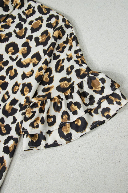 Leopard Ruffle Trim 3/4 Sleeve Loose Shirt