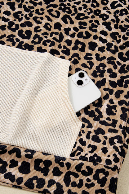 Leopard Waffle Knit Kangaroo Pocket Hooded Sweatshirt