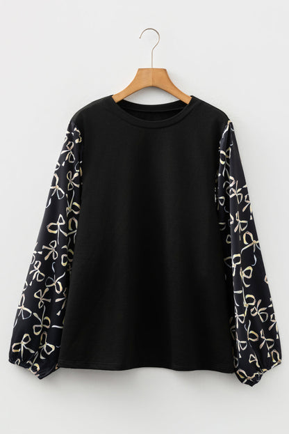 Plus Size Bow Tie Patchwork Long Sleeve Blouse